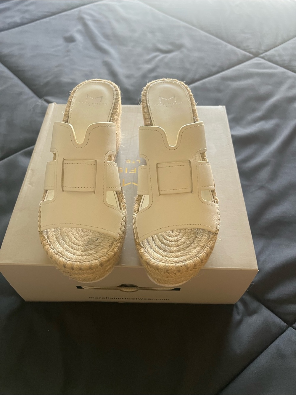 Marc Fisher Cream Leather Espadrille Slide Wedges